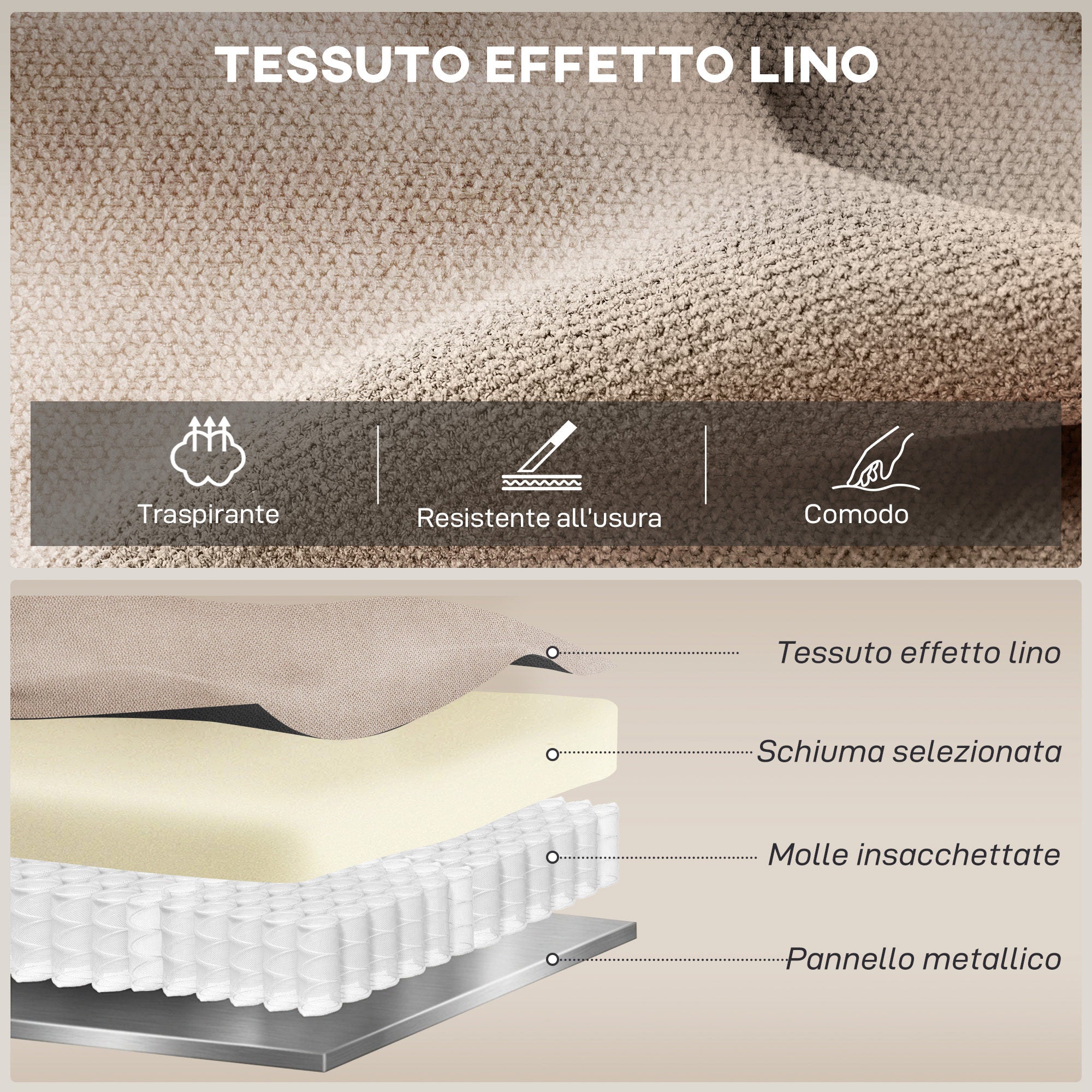 Poltrona Reclinabile Manuale Cuscino Spesso Braccioli Imbottiti e Poggiapiedi in Tessuto Beige