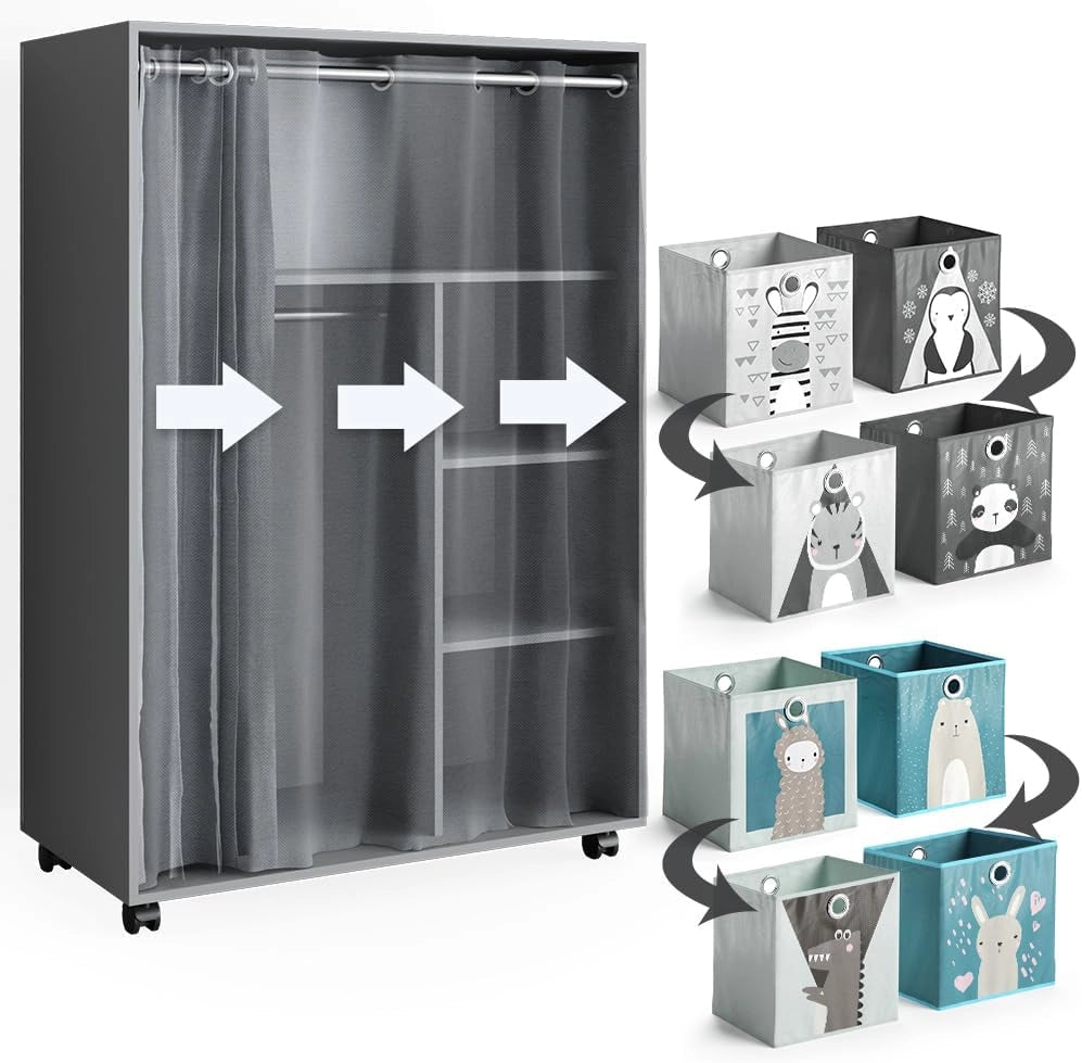 Armadio multifunzione Doros, Grigio, 100 x 146.6 cm con box pieghevole, per la conservazione flessibile di abbigliamento e accessori