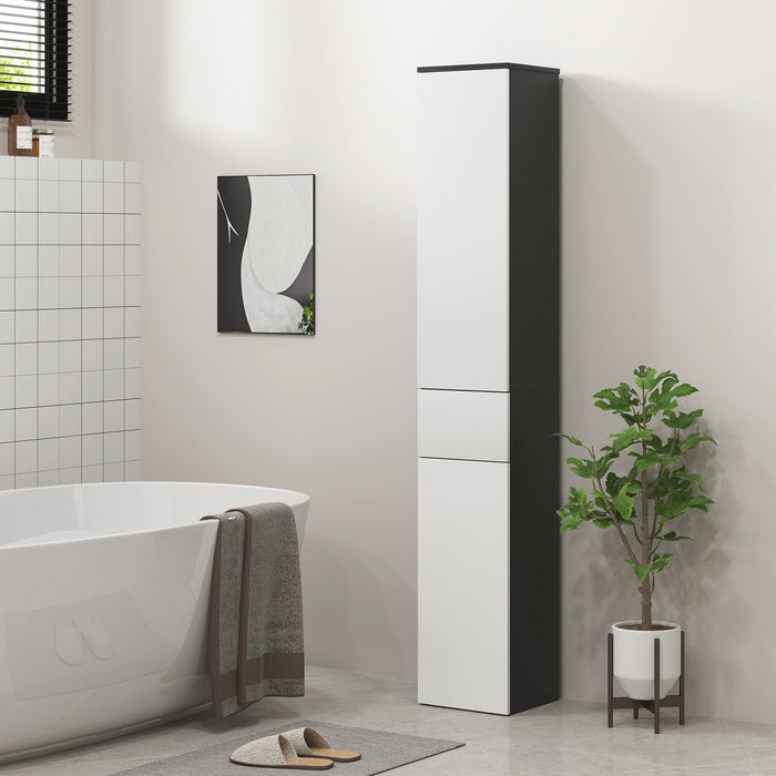Mobile a Colonna da Bagno Salvaspazio con 2 Armadietti e Cassetto 30x28x180 cm Nero e Bianco