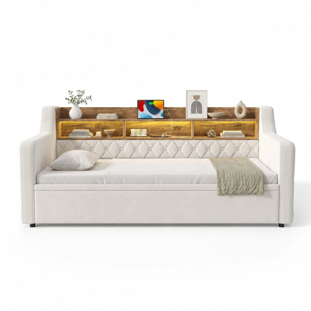 Letto a Divanetto 90x190 cm; con testiera portaoggetti; LED; USB e Type-C in Velluto Beige