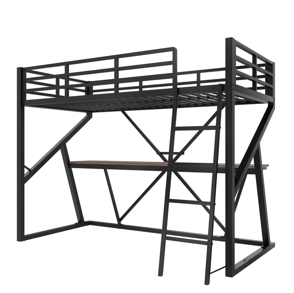 Letto a soppalco per bambini 90x200 cm in metallo e MDF; nero; con LED; scrivania e scala
