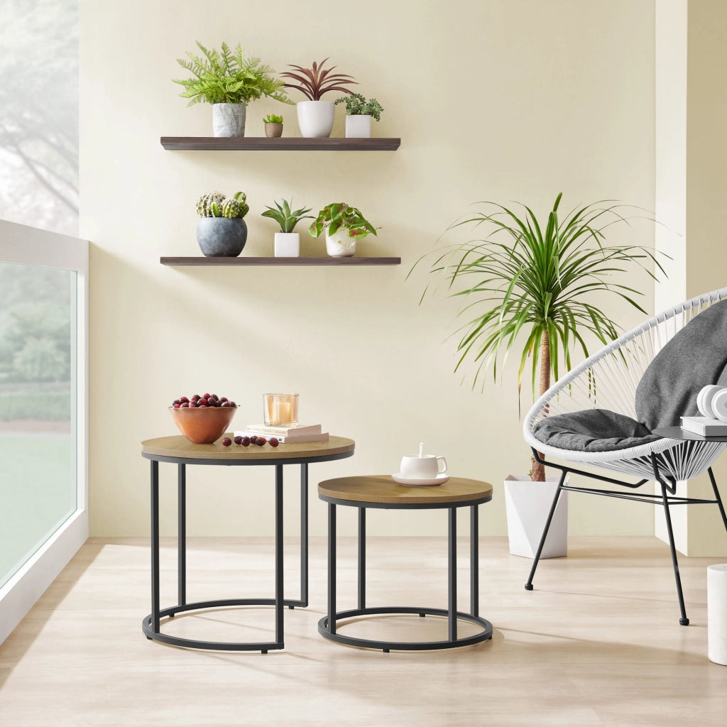 Set di tavolini rotondi VALORA - Stile industriale, gambe in rovere/nero x2