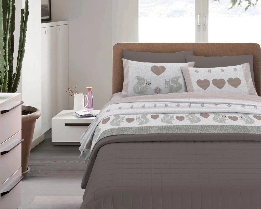 Completo Letto in Flanella Calda e Morbida Anti Pilling - Set Flanellato 3 Misure parure con Federe - Scoiattolo beige - 1 Piazza