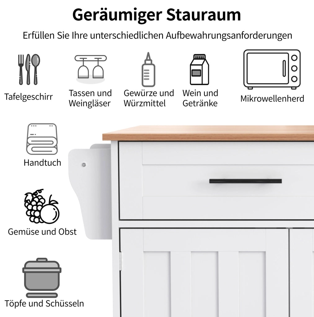 Carrello cucina con piano pieghevole 129x71x91;5 cm in MDF bianco e naturale