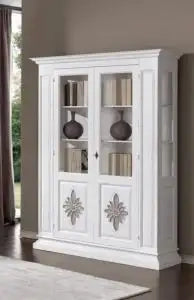 Vetrina cristalliera in legno Shabby chic bianca intarsio Margherita