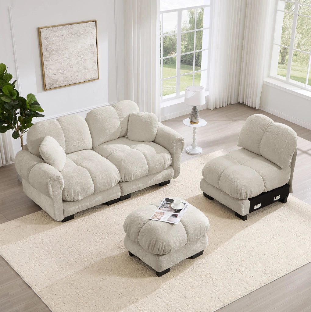Divano angolare modulare 3 posti in chenille con pouf mobile; 260x149x90 cm; kaki chiaro