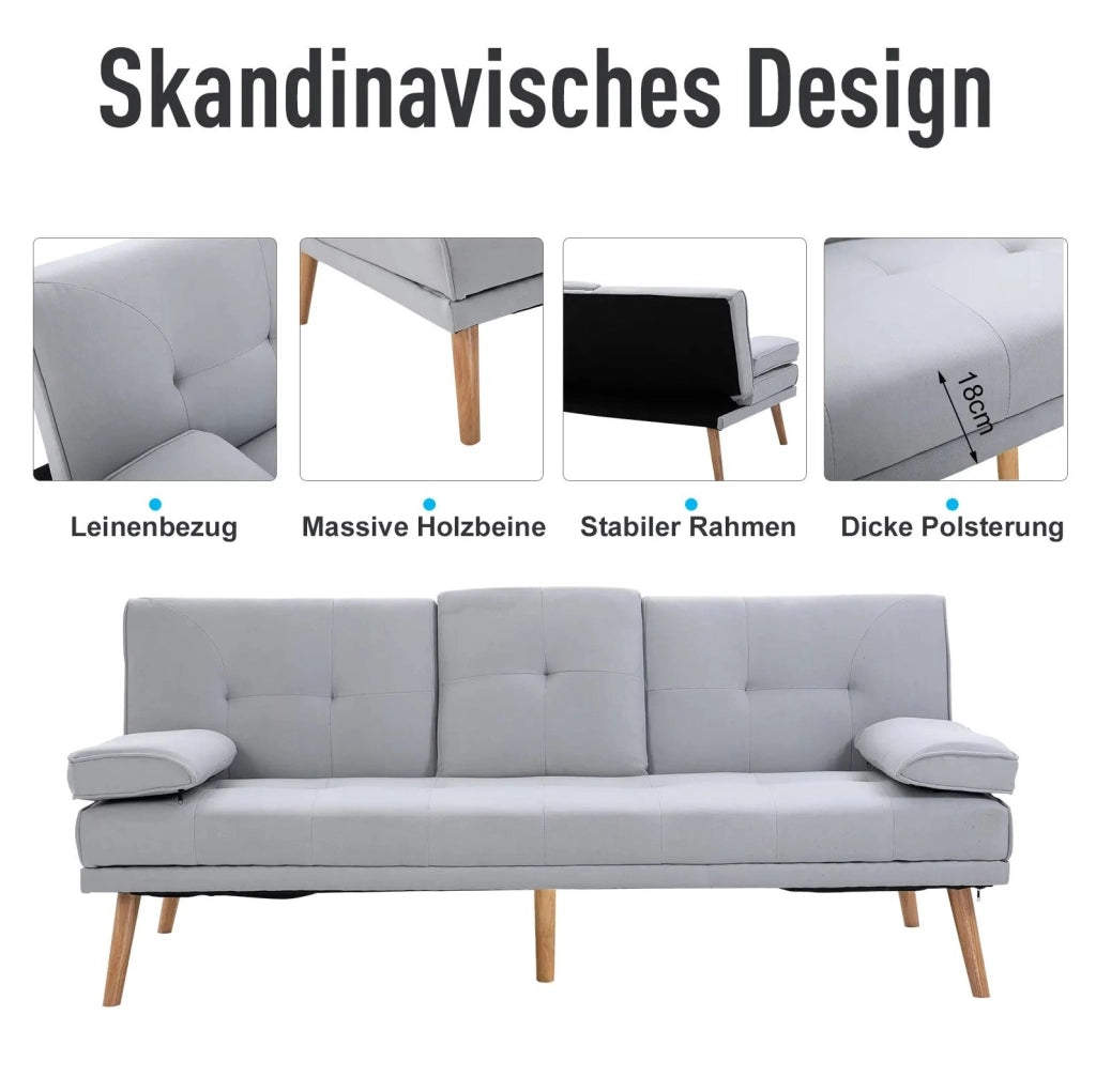 Schlafsofa 3-Sitzer aus Leinen, Hellgrau, 181x77x72 cm, multifunktional und bequem