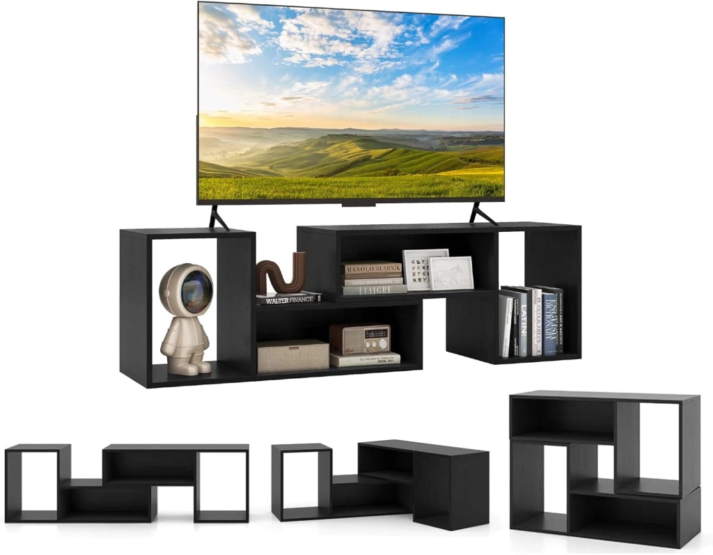 Mobile Porta TV Combinabile a 2 Pezzi, per TV Fino a 60'', Mobile TV a Angolo Soggiorno in Legno, con 4 Vani Aperti, Tavolo Media TV Multifunzionale, per Soggiorno, Camera da Letto (Nero)