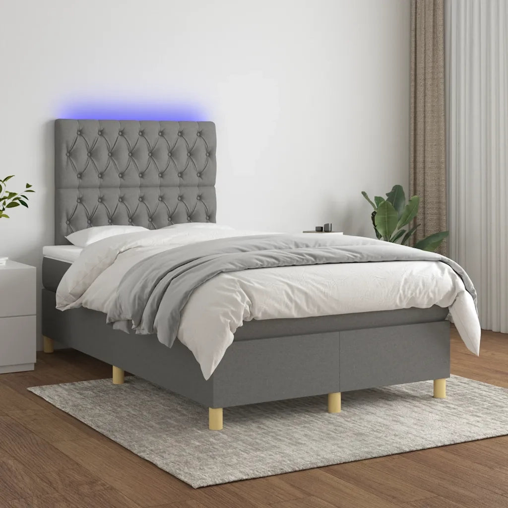 Letto a Molle Materasso e LED Grigio Scuro 120x190cm in Tessuto