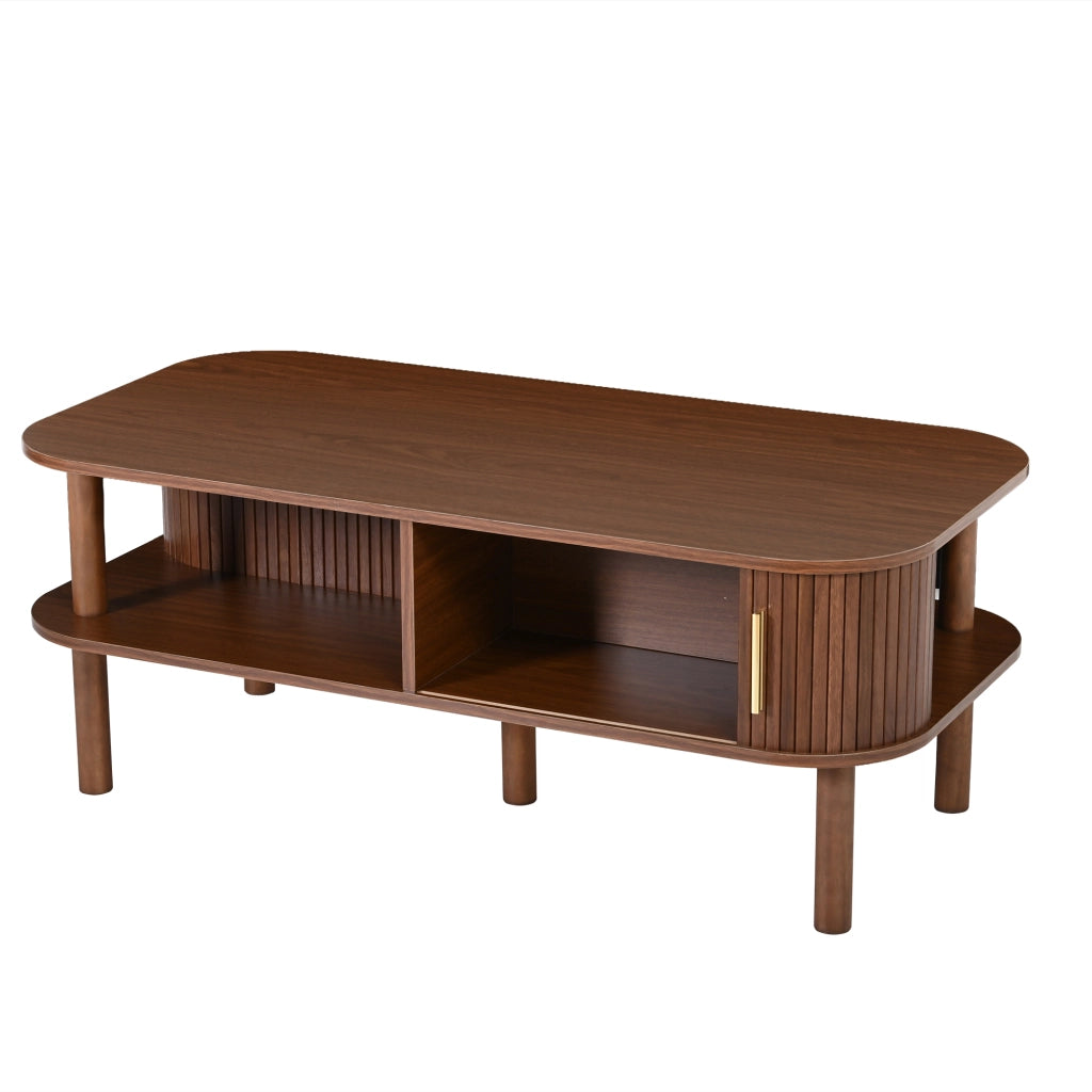 Tavolino, in MDF, con ante scorrevoli e ripiani a vista, 110 x 55 x 45 cm, color noce