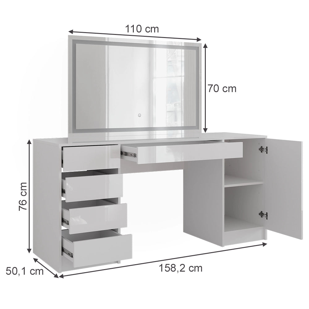 Vicco Tavolo da toeletta Bianco/bianco lucido 158.2 cm con specchio LED