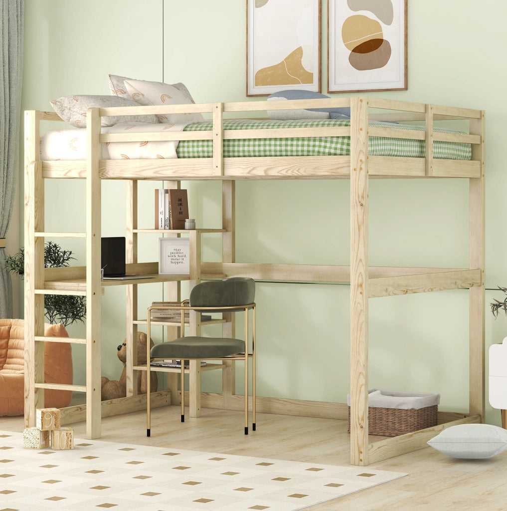 Letto a soppalco 140x200 cm con scrivania e 4 vani in legno di pino; colore naturale