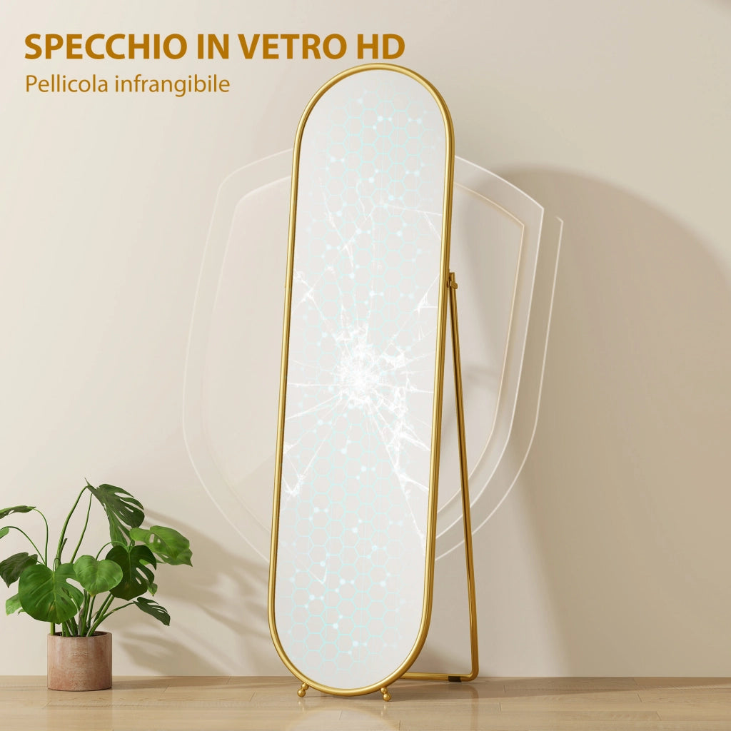 Specchio a Figura Intera da Terra 50x4x180 cm con Supporto Pieghevole in Vetro e Metallo Oro