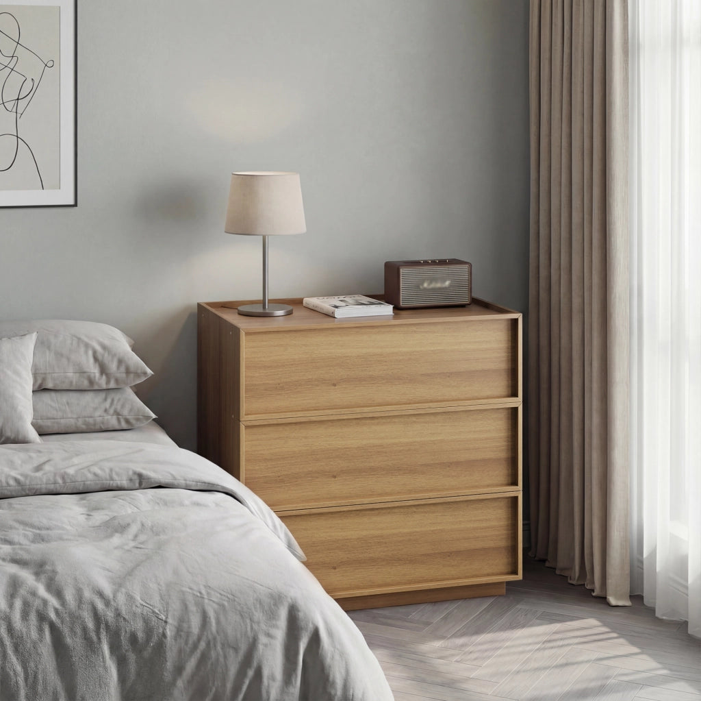 Cassettiera 80x48x78 cm con 3 cassetti; guide in metallo e sistema anti-ribaltamento; MDF e truciolare; naturale