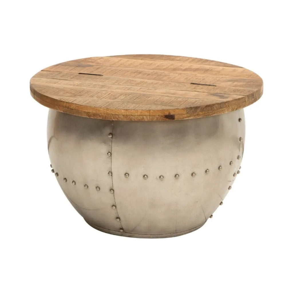 Tavolino rotondo ORVIK 68 cm in legno massello di mango e metallo - baule per la conservazione