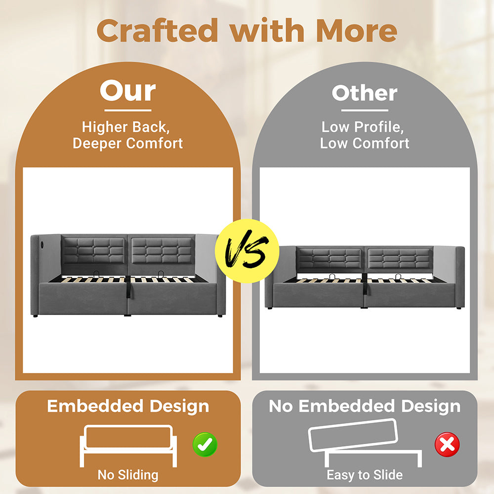 Divano letto-Xylo-90x190 cm-idraulico, USB-C, doghe legno, velluto, grigio