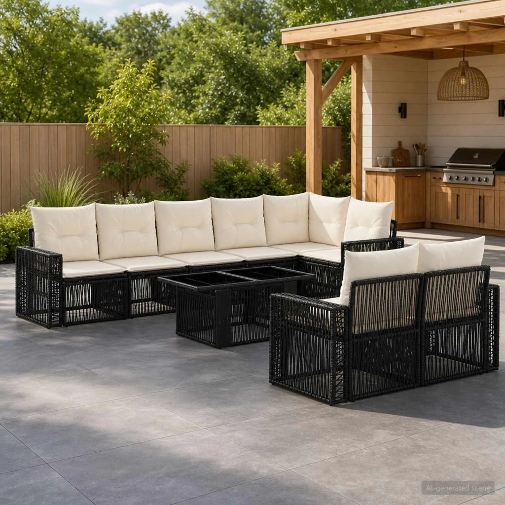 Set Divano da Giardino 9 pz Nero e Bianco Crema polyrattan 3436819