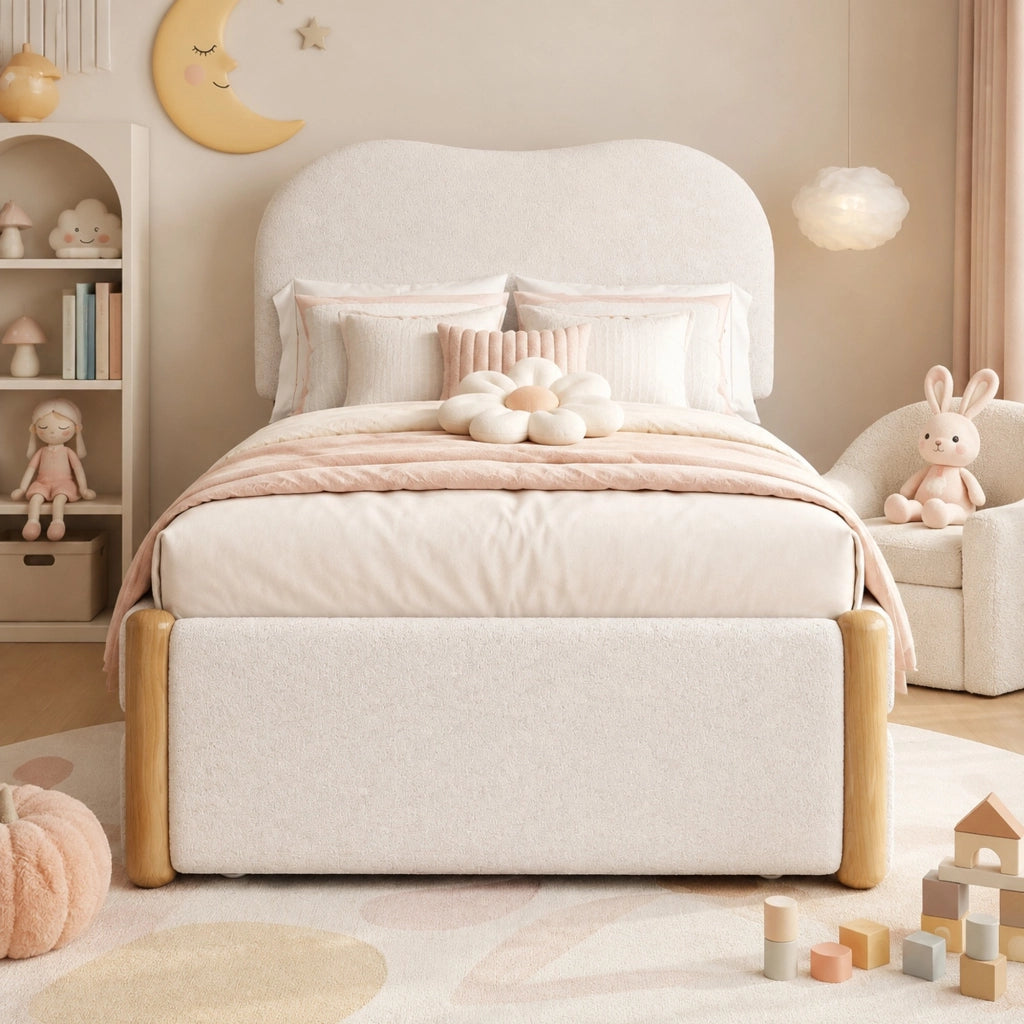 Letto imbottito 90x200 cm con letto estraibile, bianco, struttura in Plush e MDF