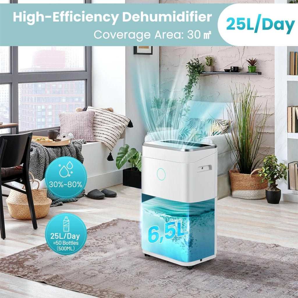 Deumidificatore Elettrico 25L/Giorno, Deumidificatore con Scarico Continuo, Timer 24 Ore, Serbatoio Acqua da 6,5L, Display LED, per Ambienti Fino a 30 m², per Cantina, Ufficio, Casa