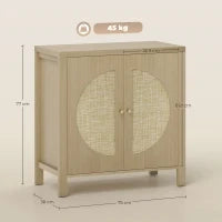Credenza da Cucina con 2 Porte in Rattan, Scaffale Regolabile e 2 Maniglie 75x38x77 cm Legno Naturale
