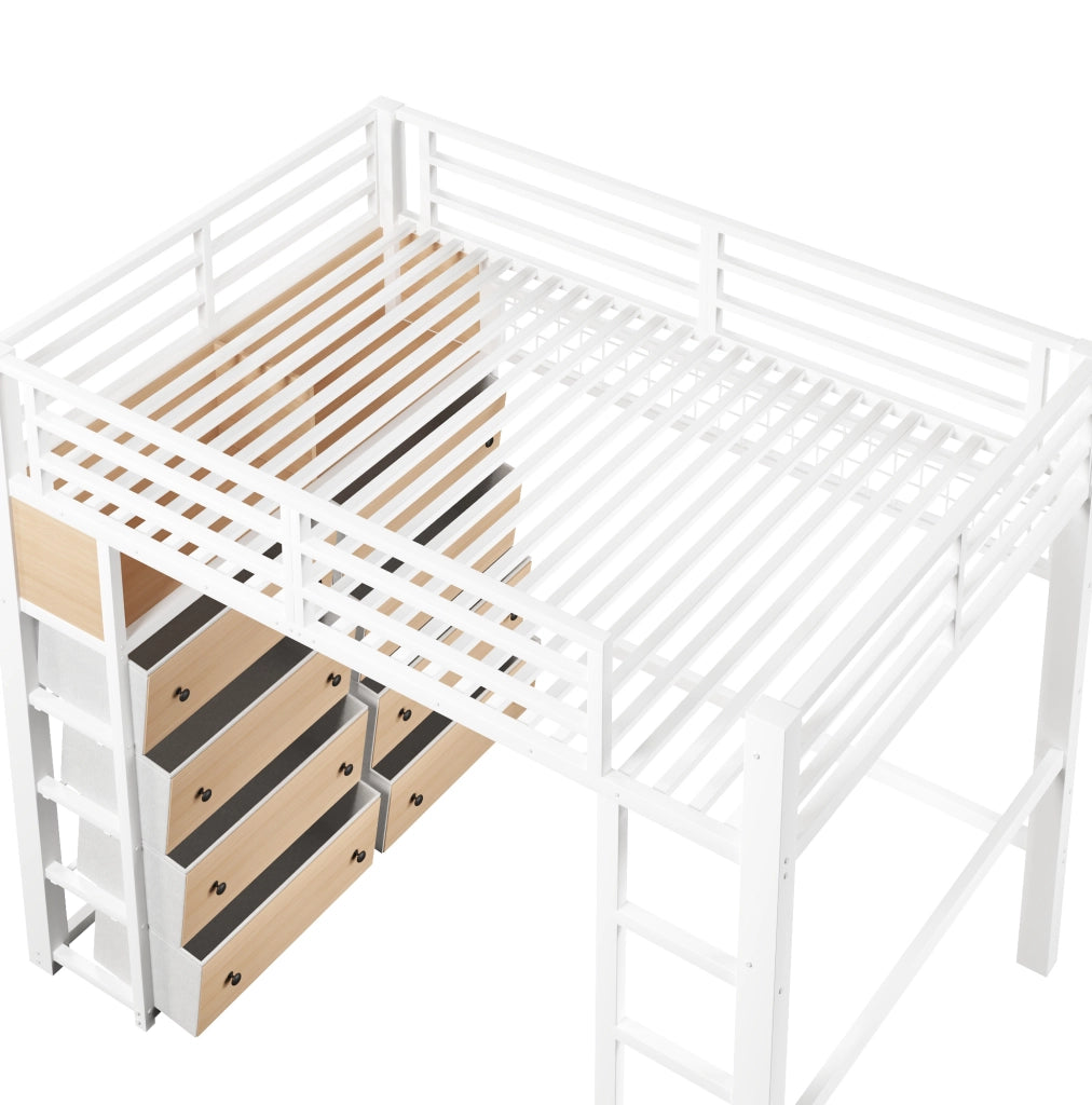 Letto a soppalco 140x200 cm con 8 cassetti, mensole e luce LED