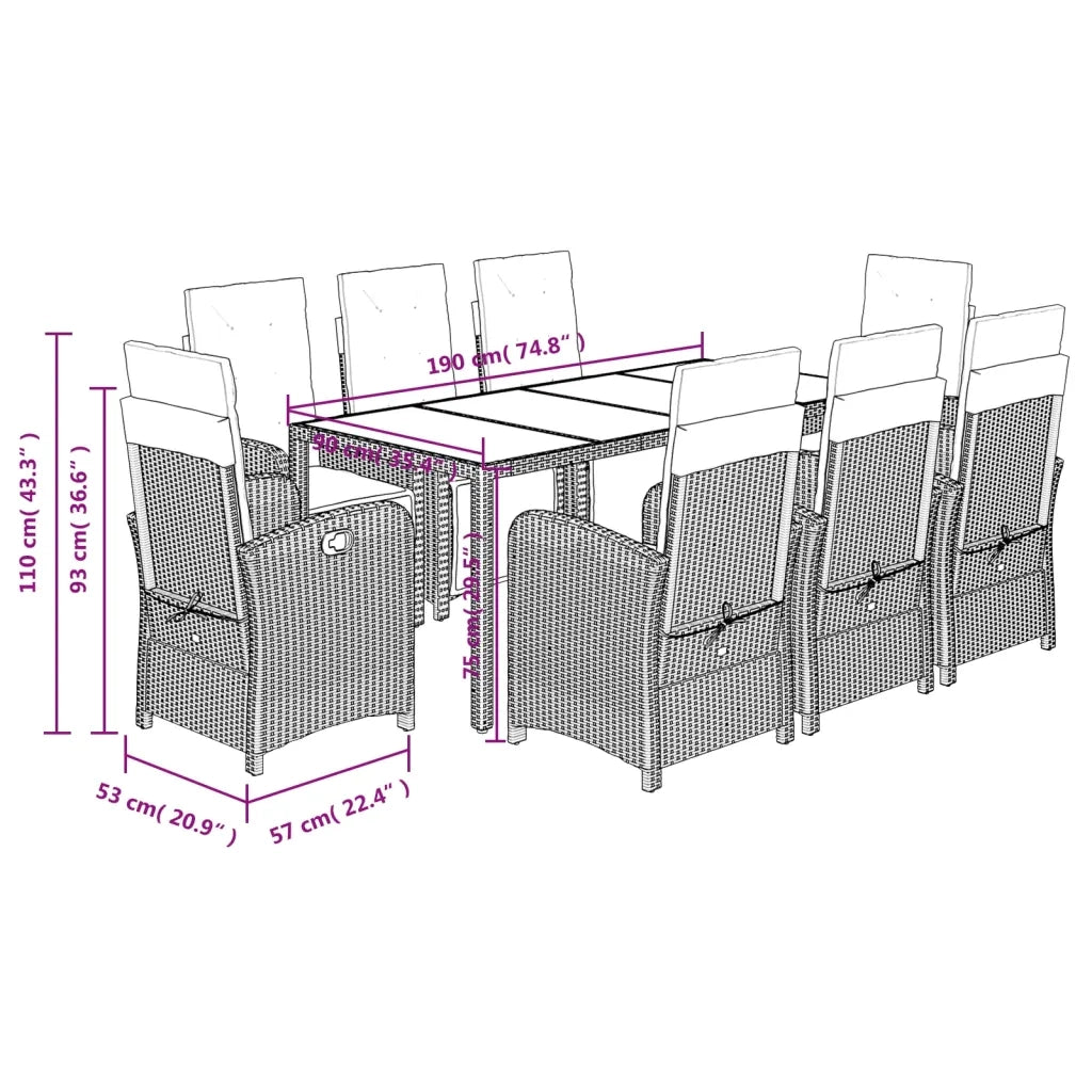 Set da Pranzo da Giardino 9 pz con Cuscini in Polyrattan Grigio
