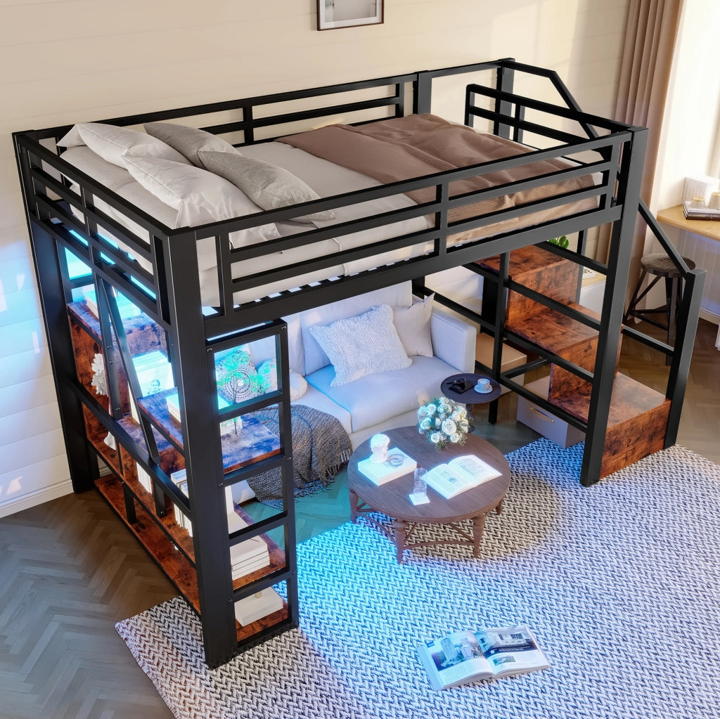 Letto a soppalco 140x200 cm con LED; scaletta e parapetti in metallo e MDF nero