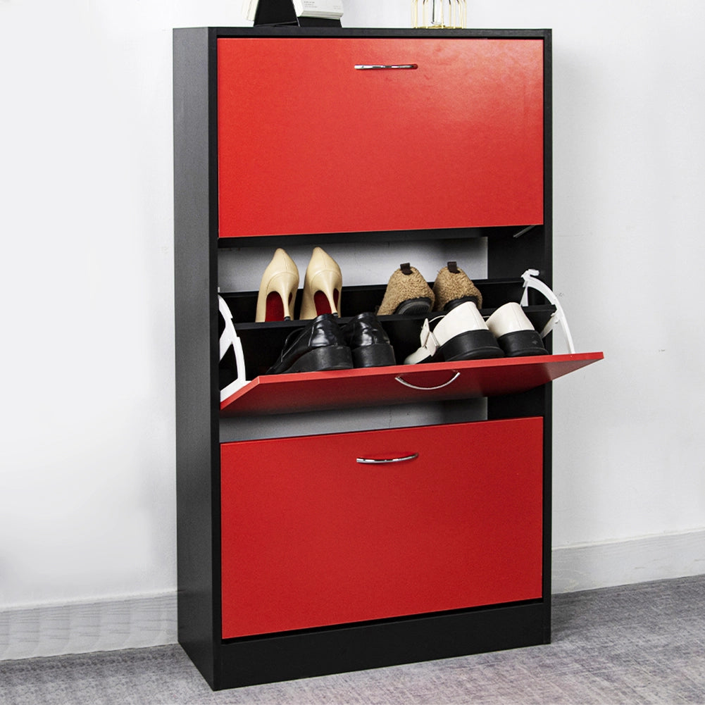 Scarpiera 3 Ante Ripiani Doppia Profondità con Maniglia Rosso e Nero 63x24x115cm