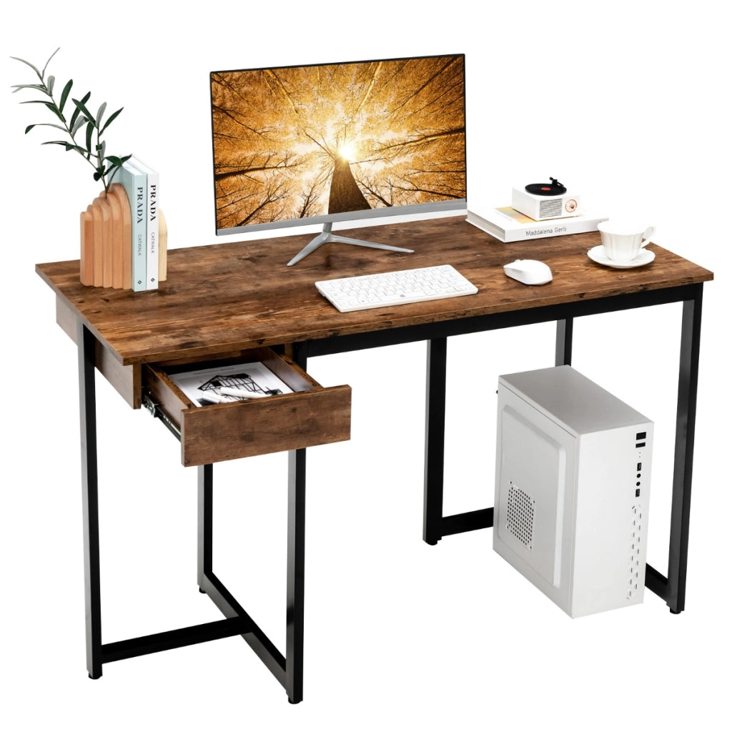 Scrivania per computer 120cm con cassetto, Scrivania per ufficio con struttura in metallo piedini regolabili Marrone-Scrivanie
