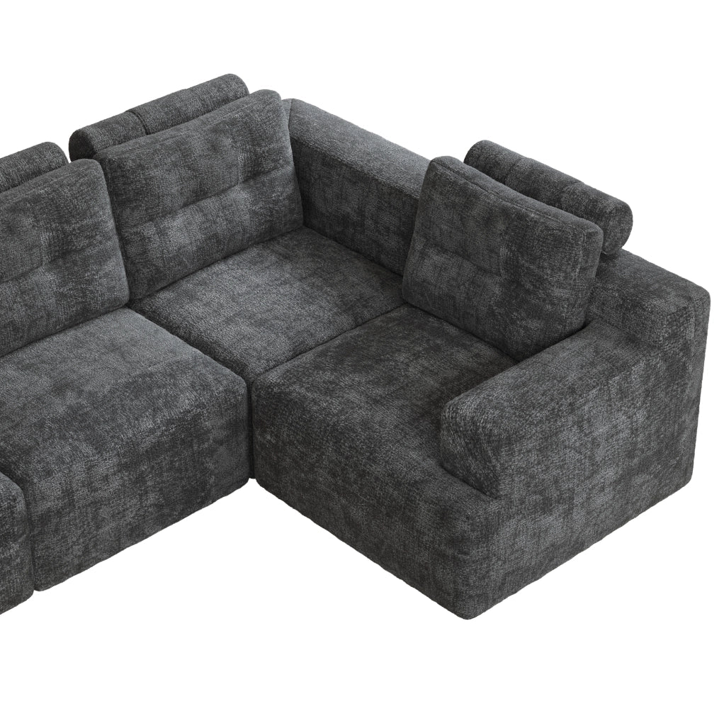 Divano modulare 5-6 posti in ciniglia grigio con pouf; 252x180x82 cm