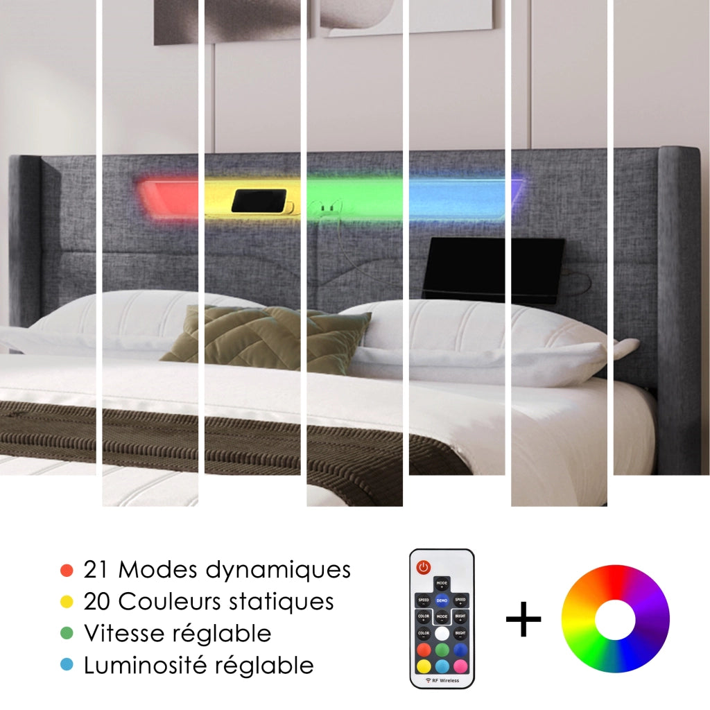 OKWISH Letto Contenitore Matrimoniale con USB, Porta Tipo C e LED 160 x 200 cm, con Materasso, Grigio