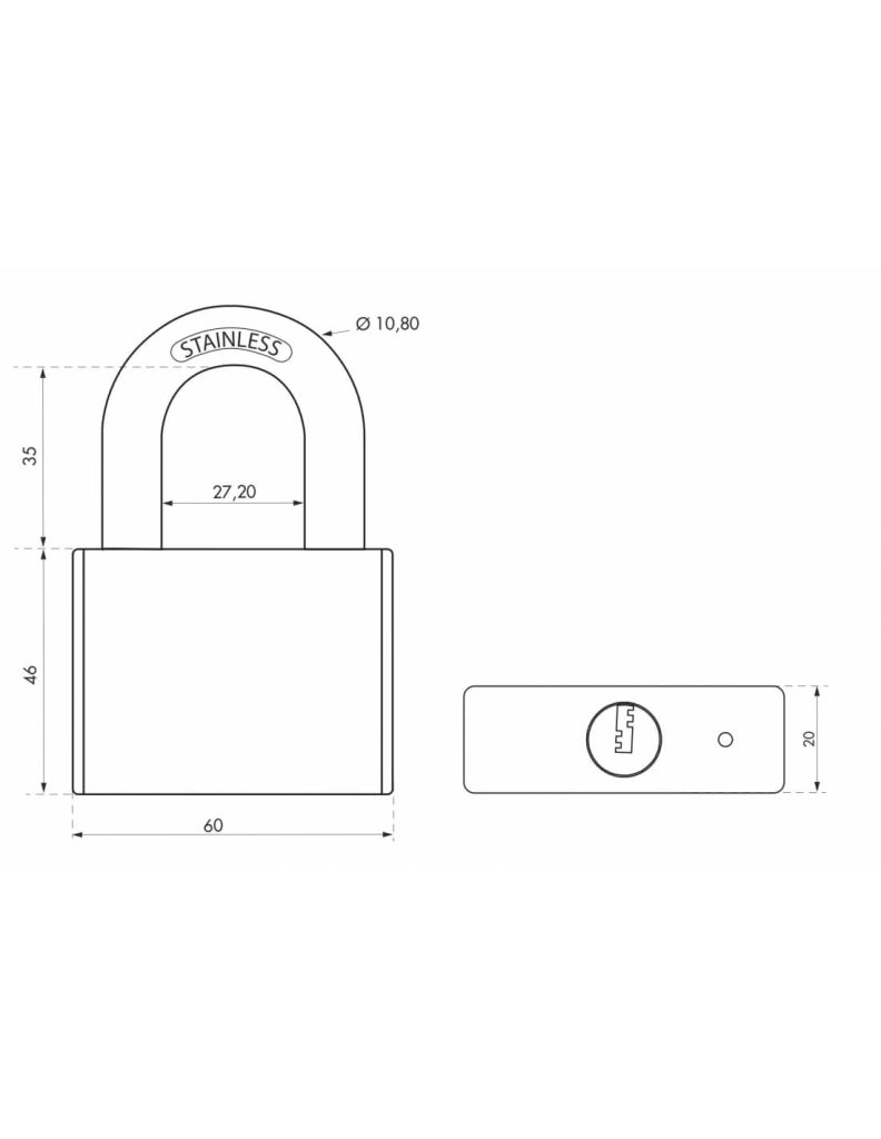 Lucchetto a chiave Rinox, 60 mm, acciaio inossidabile, esterno, arco in acciaio INOX, 4 chiavi - THIRARD