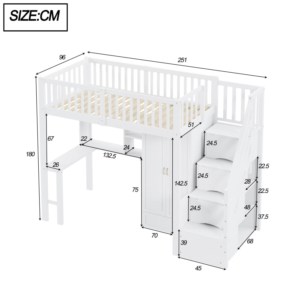 Letto a soppalco 90x200 con armadio, scrivania e scala contenitore