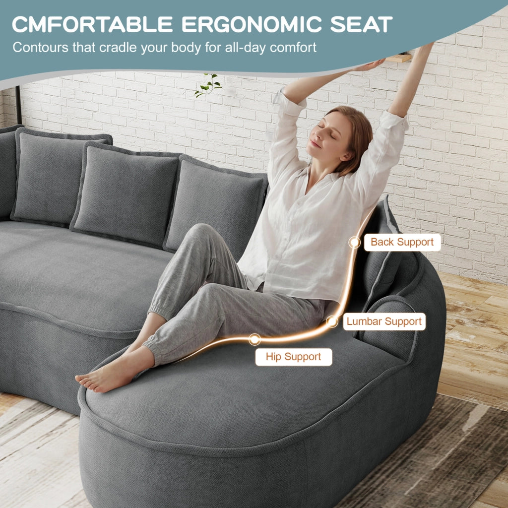 Divano modulare doppio in chenille grigio senza telaio con chaise longue extra larga e cuscini inclusi
