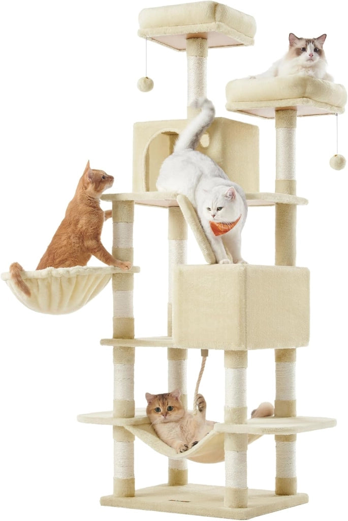 Feandrea Albero per Gatti, Alto 206 cm, Tiragraffi per Gatti Adulti, XXL, con 13 Graffiatoi, 2 Posatoi, 2 Grotte, Cesto, Pompon, in Peluche a Più Livelli per Interno, Marrone Cammello PCT190K01