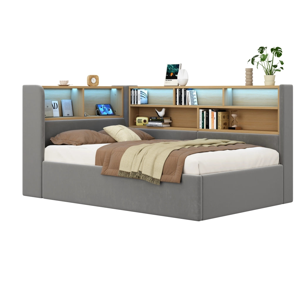 Letto imbottito grigio con contenitore idraulico, LED e USB-C