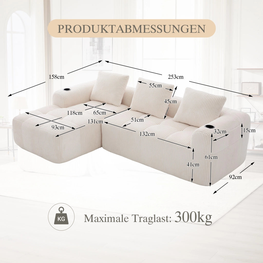 Divano modulare in velluto a coste con tasche laterali, portabicchieri e 3 cuscini, beige 253 × 158 × 61 cm