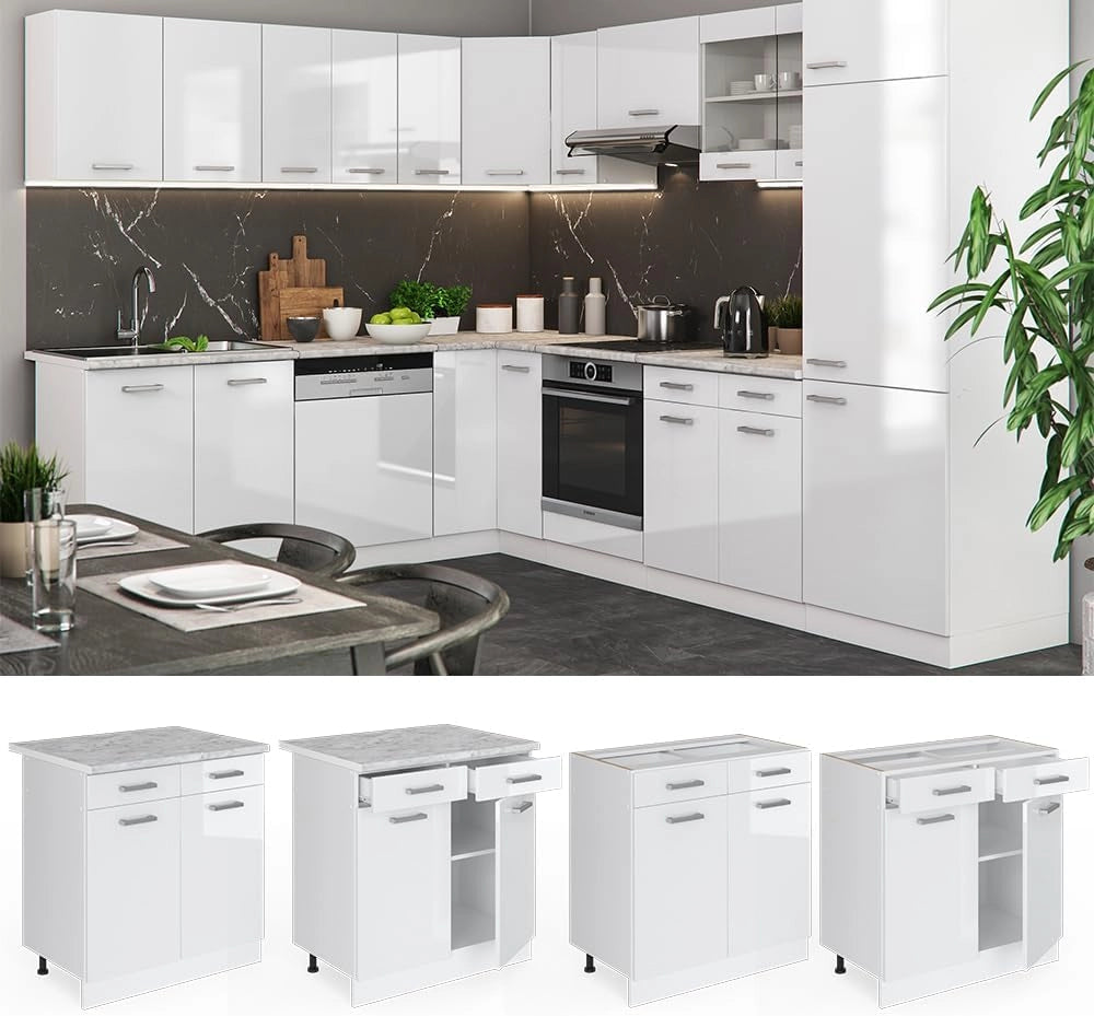 Mobiletto base per cucina R-Line, Bianco lucido, 80 cm, PL Marmo, per la libera combinazione all'interno di sistemi cucina modulari