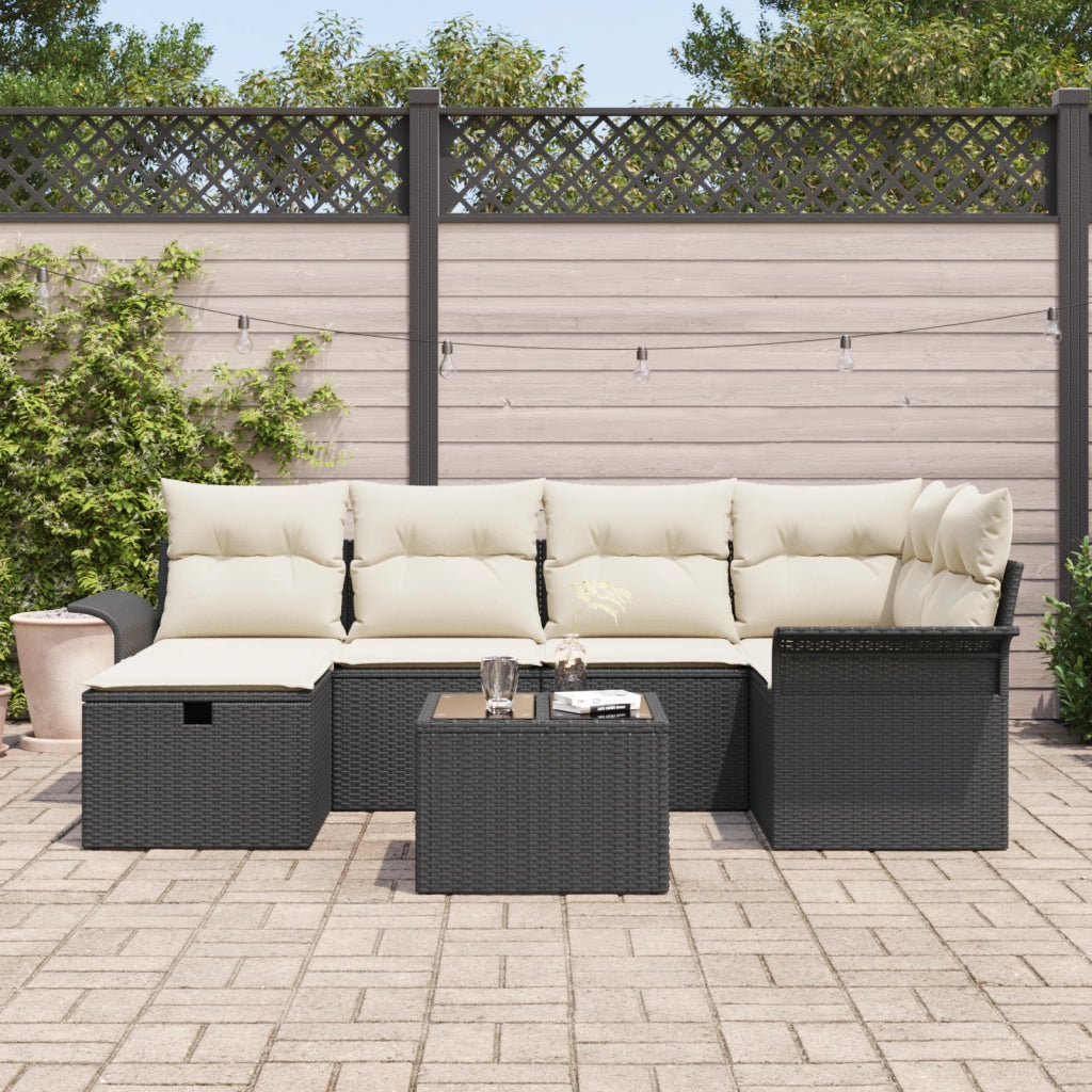 Set Divano da Giardino  7 Pezzi con Cuscini Rattan Nero Polyrattan