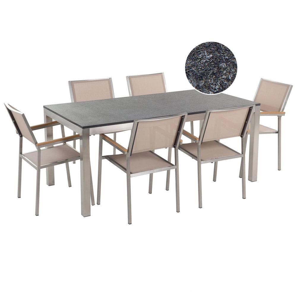 Set da pranzo da giardino beige con piano in granito fiammato 6 posti 180 x 90 cm