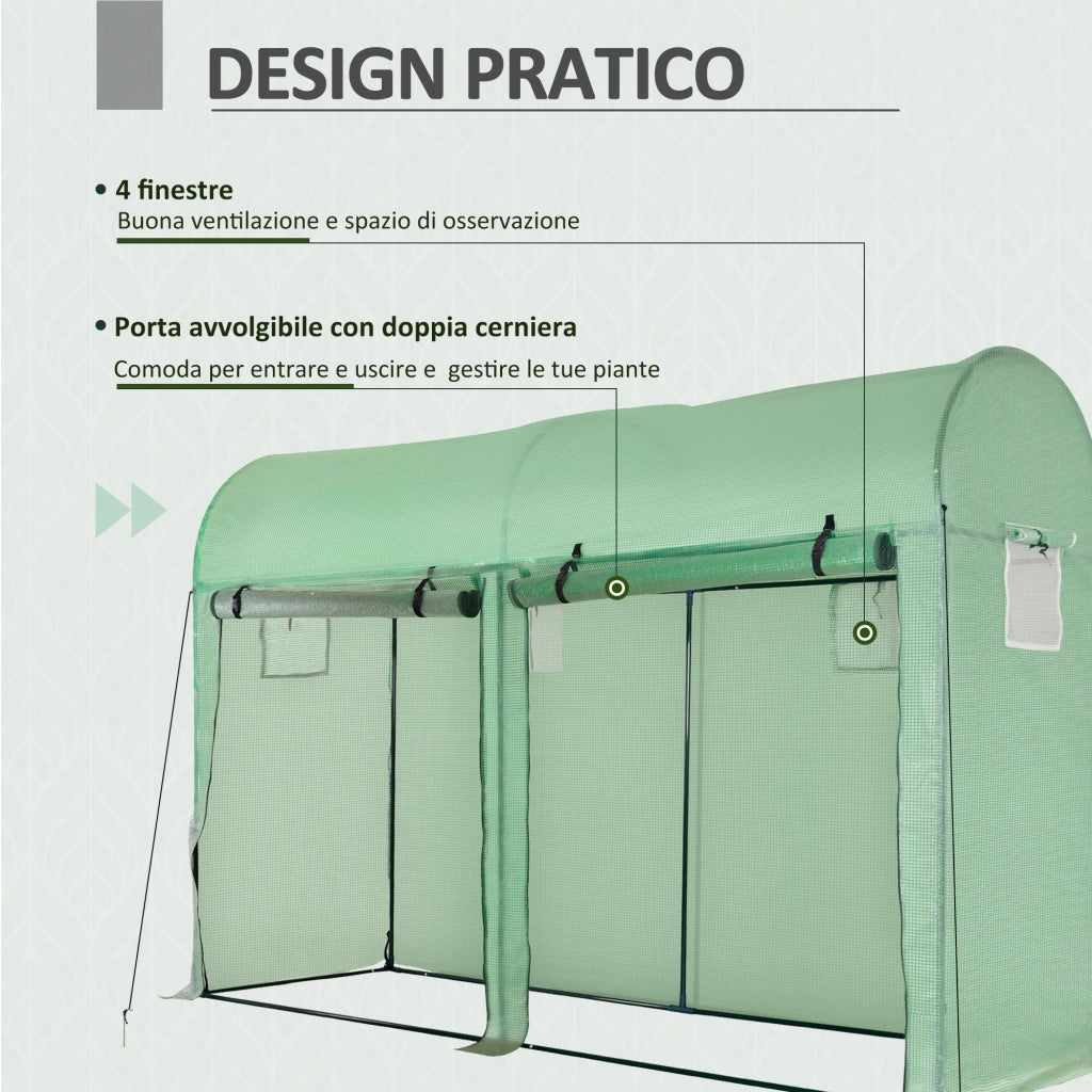 EasyComfort Serra Tunnel da Giardino per Piante e Orto, Serra da Balcone con 2 Porte Avvolgibili e 4 Finestre, Copertura in PE Struttura in Acciaio, 3x1x2m