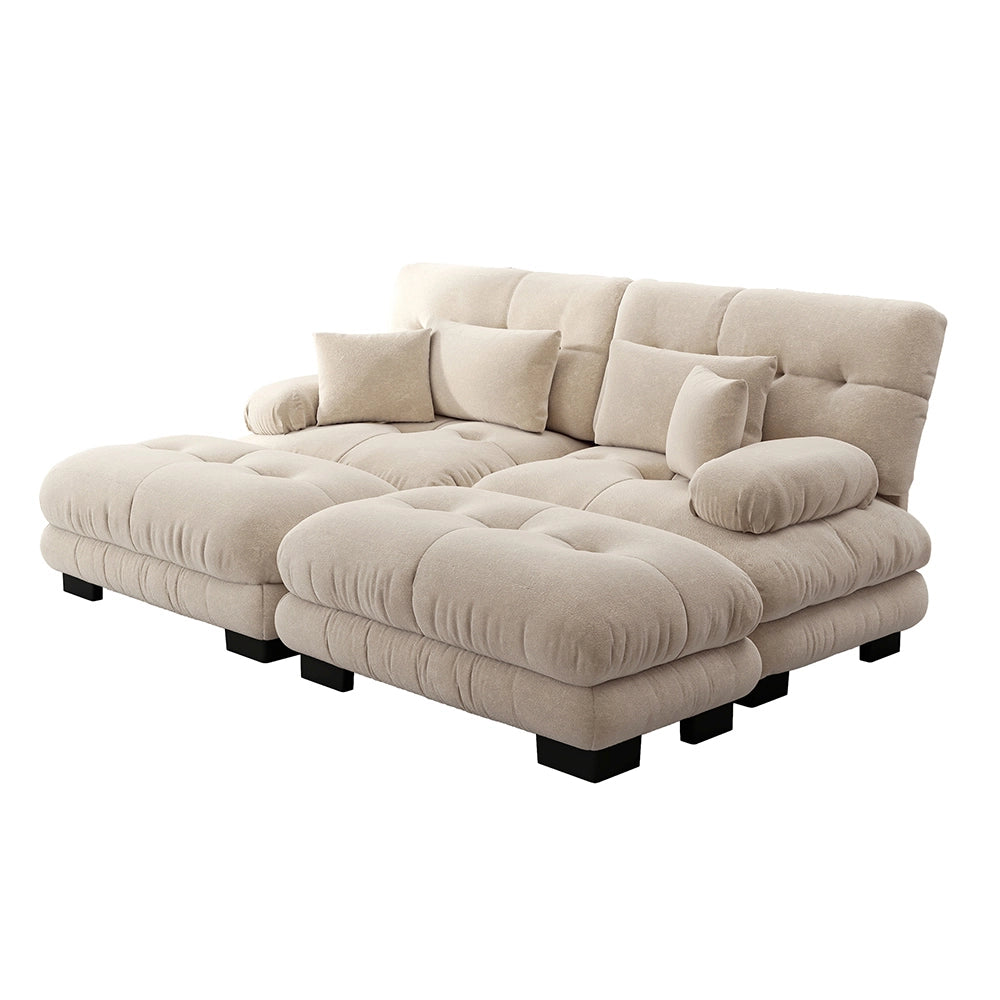 Divano angolare Cloud - Xylo - 2 posti in chenille con 2 cuscini lombari, 2 decorativi e 2 pouf, marrone chiaro