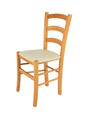 Sedia Venice Tommychairs, struttura in faggio verniciata in color miele e seduta rivestita in finta pelle avorio