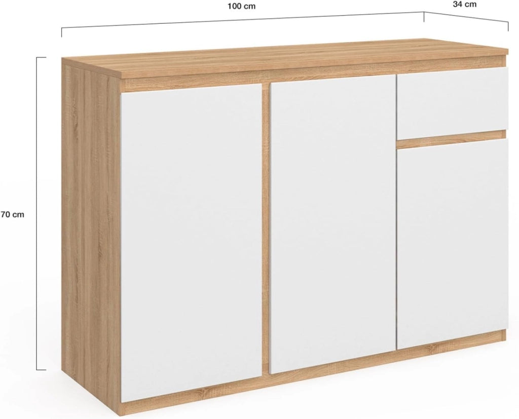 Credenza TOMI 100 cm con 3 ante e 1 cassetto, bianco e legno