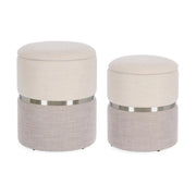 Set 2 Pouf Contenitore Rotondi in Tessuto con Anello Dorato - WHITE