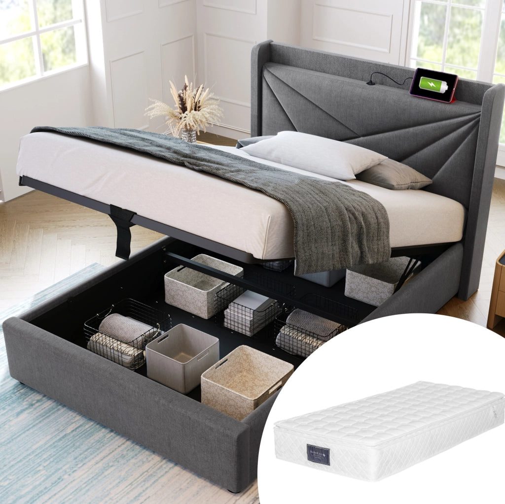 Letto singolo 90x200 cm grigio con contenitore, USB-C e materasso