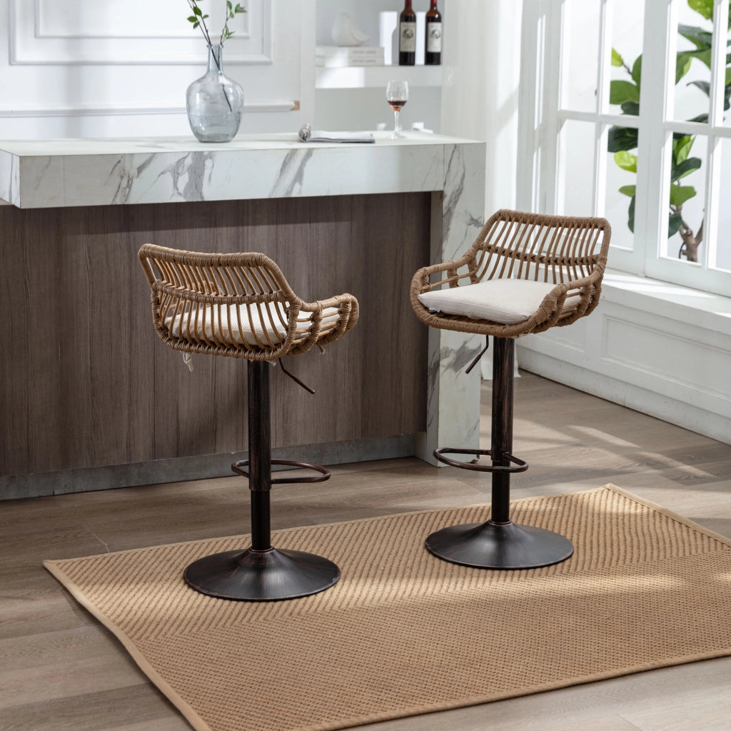 Sgabelli da bar girevoli con altezza regolabile e poggiapiedi set da 2 in lino con struttura in metallo beige