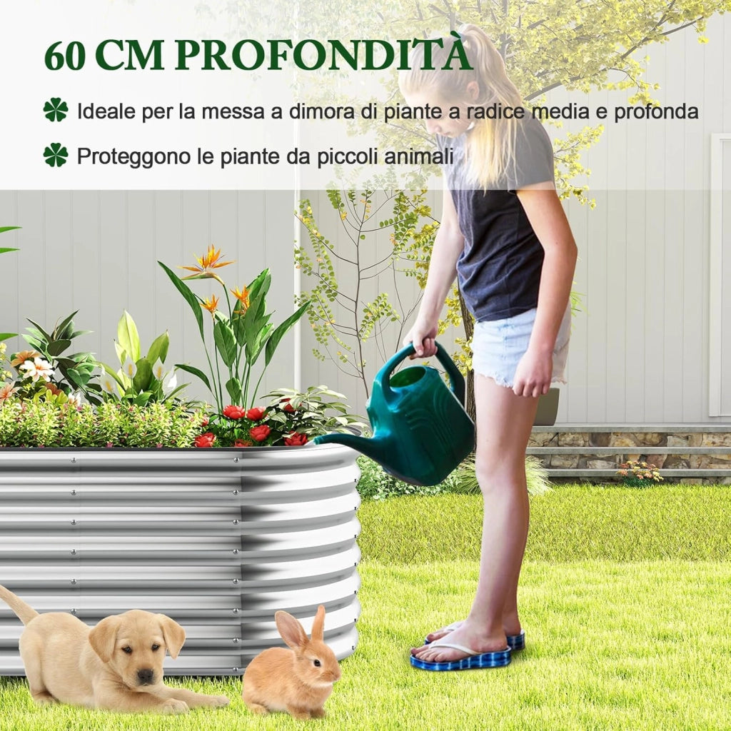 Letto da Esterno Rialzato in Metallo, Aiuola Rialzata in Ovale con Design a Fondo Aperto, Protettori d'Angolo Rinforzati, Orto Rialzato da Esterno per Verdure, Fiori, Erbe Aromatiche (Argento)
