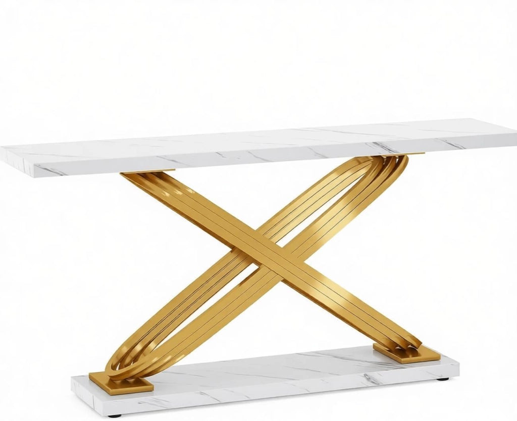 Consolle con struttura in metallo a X e piano effetto marmo bianco e oro per ingresso soggiorno e corridoio