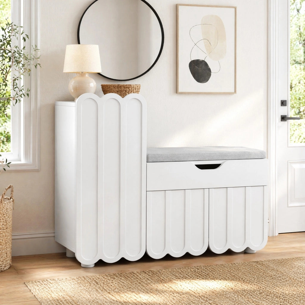 Scarpiera a 3 ante con cassetto e seduta imbottita in MDF bianco per ingresso 90 × 35 × 74,5 cm